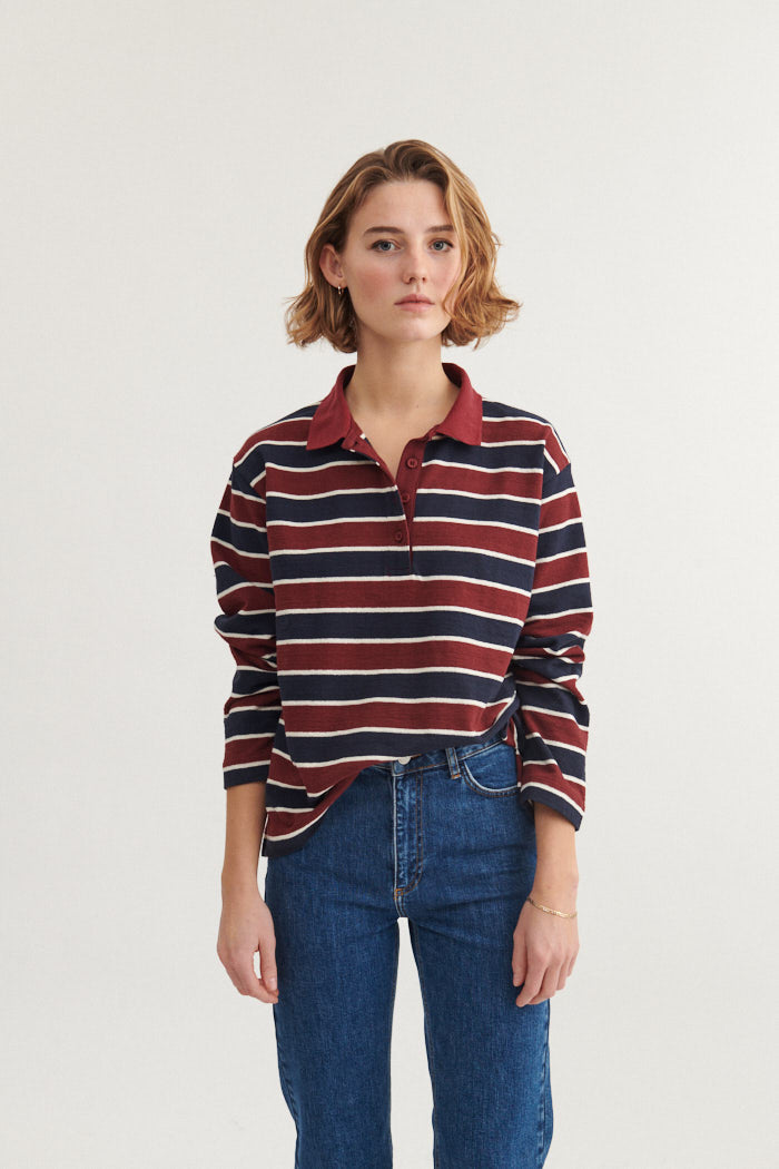 Basic Apparel Anneli Polo LS Tee Sweatshirts & hoodies 794 Bordeaux truffle / Sky captain