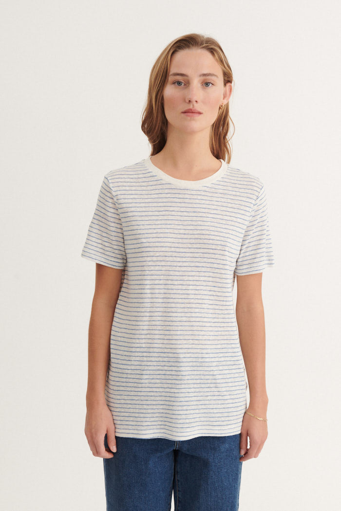Basic Apparel Kali Stripe Tee T-shirts 758 Quiet harbor / Whisper white