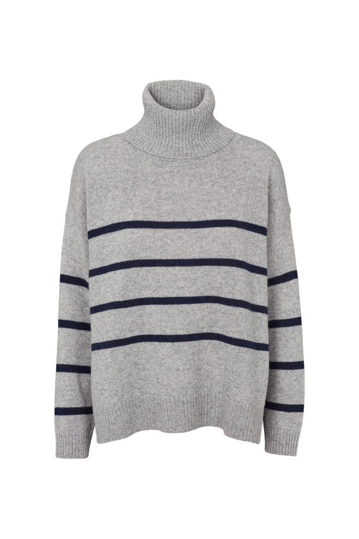 Basic Apparel Lise Striped T-Neck Sweaters 718 light grey mel. / sky captain