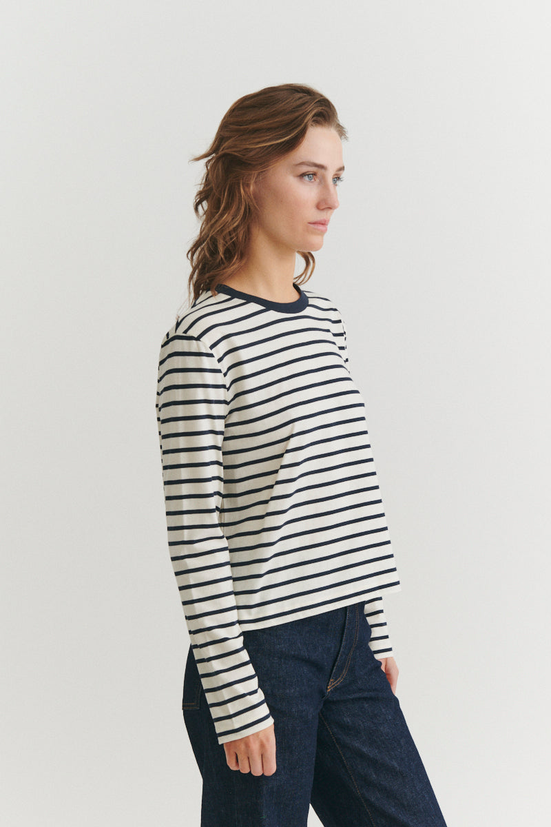 Basic Apparel Raja LS Stripe Tee T-shirts 705 whisper white / Sky captain