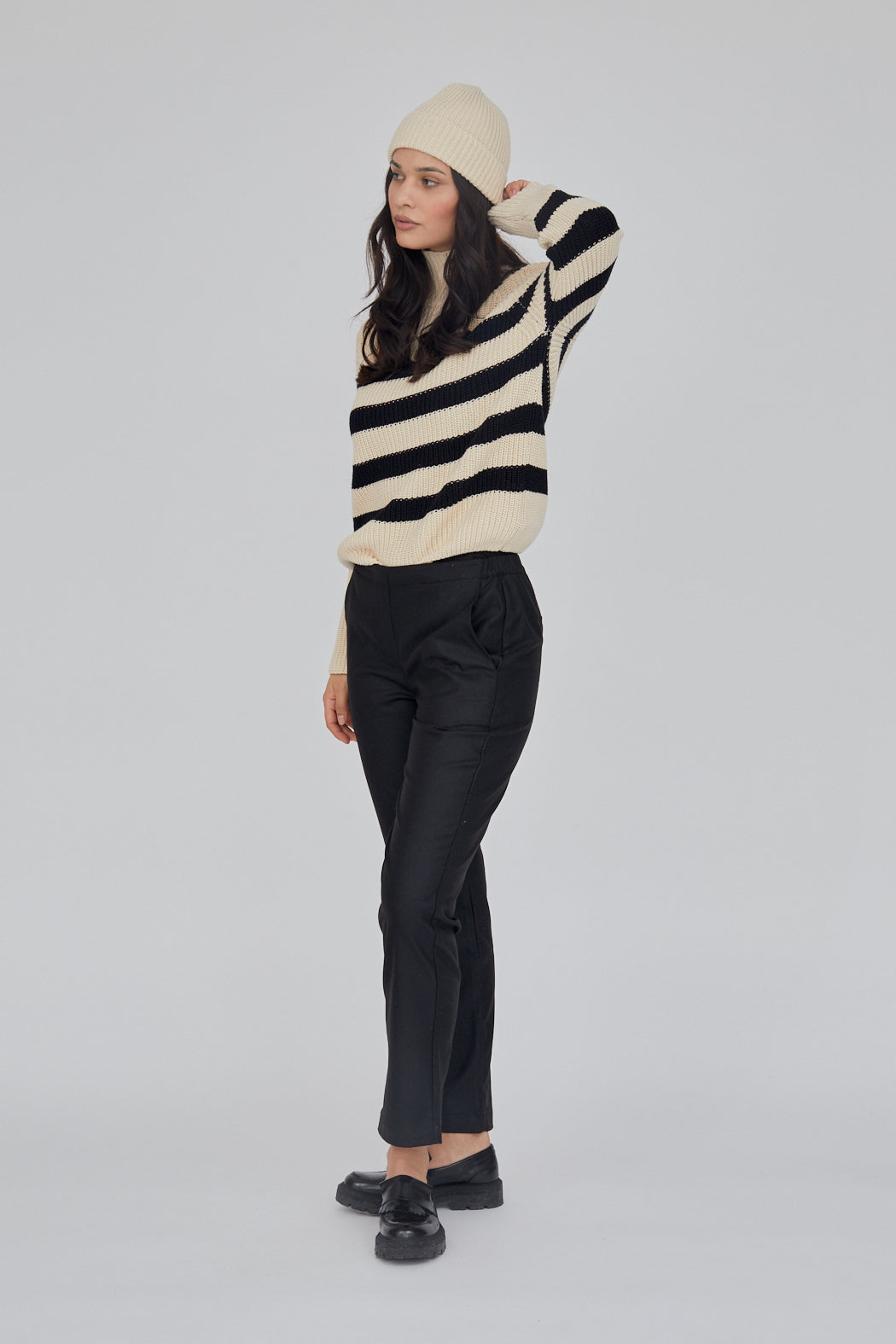 Basic Apparel Sweety High Neck Striped Sweaters 482 Birch/Black