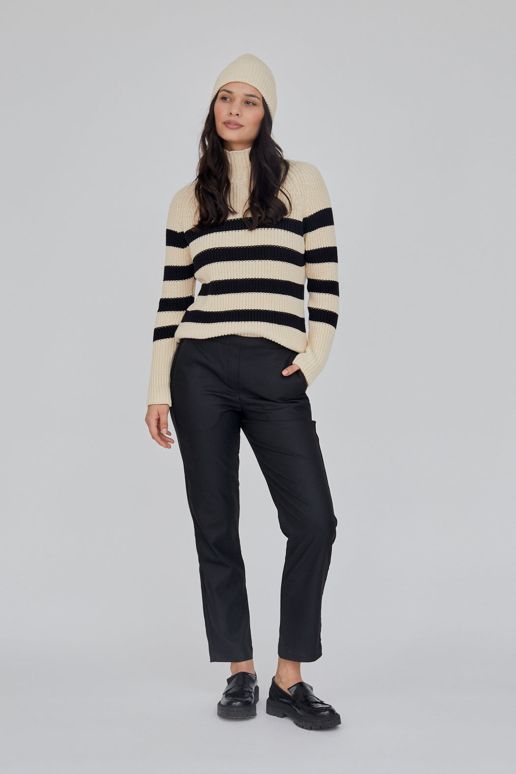 Basic Apparel Sweety High Neck Striped Sweaters 482 Birch/Black